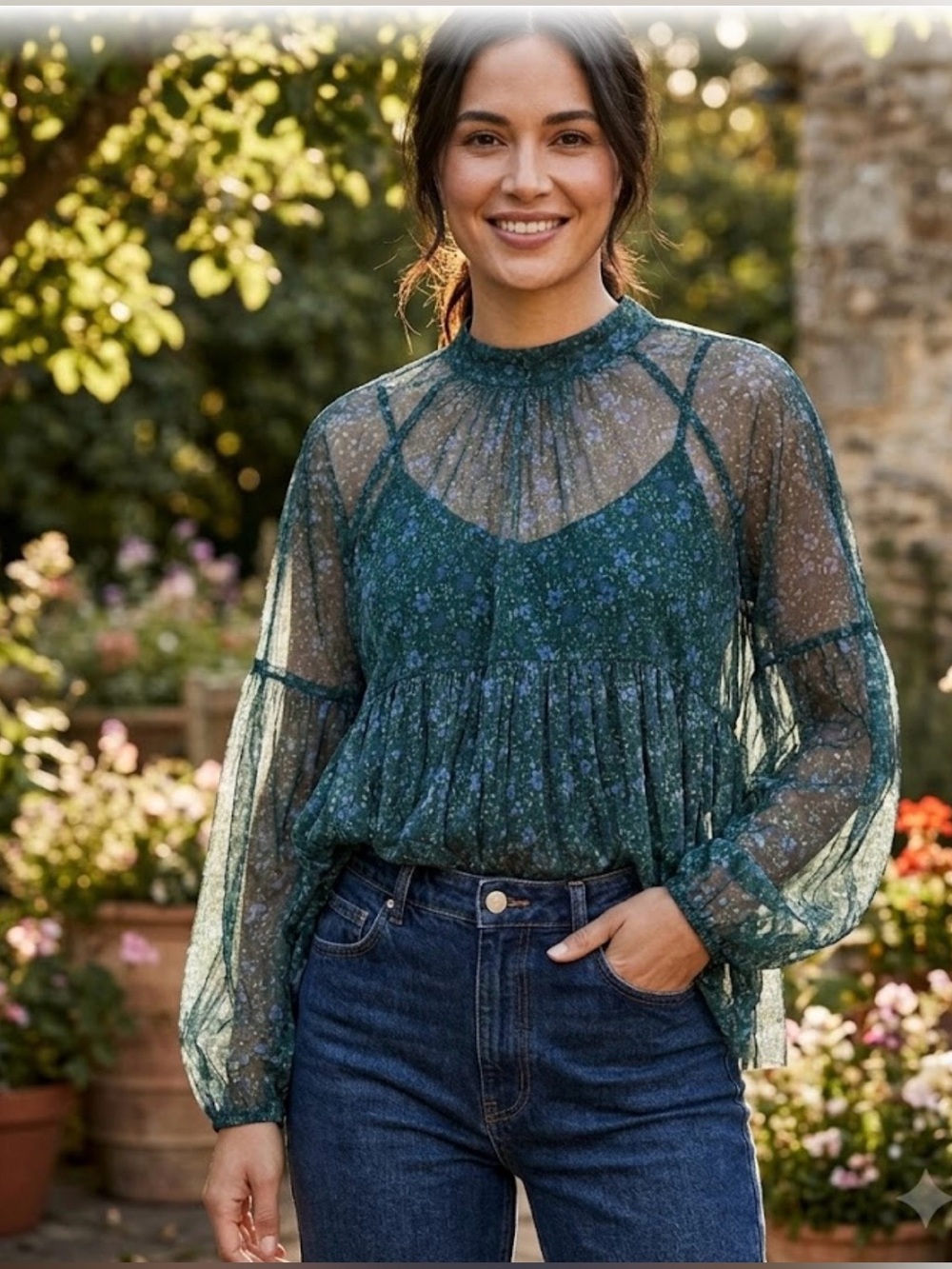 Free People Sheer Teal Floral High-Neck Blouse